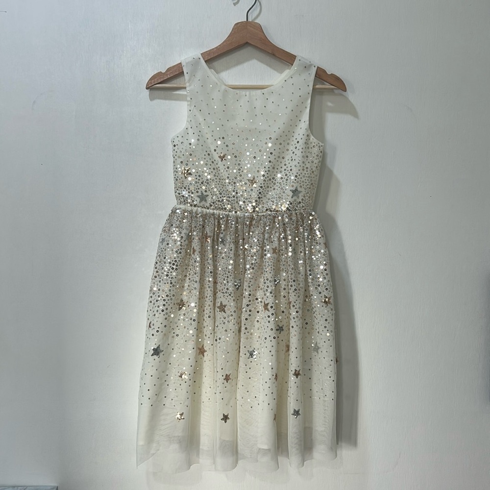 H&M GIRL FLARE SKIRT DRESS WITH GOLD SEQUIN STARS IVORY SLEEVELESS Sz 10 - Picture 2 of 16